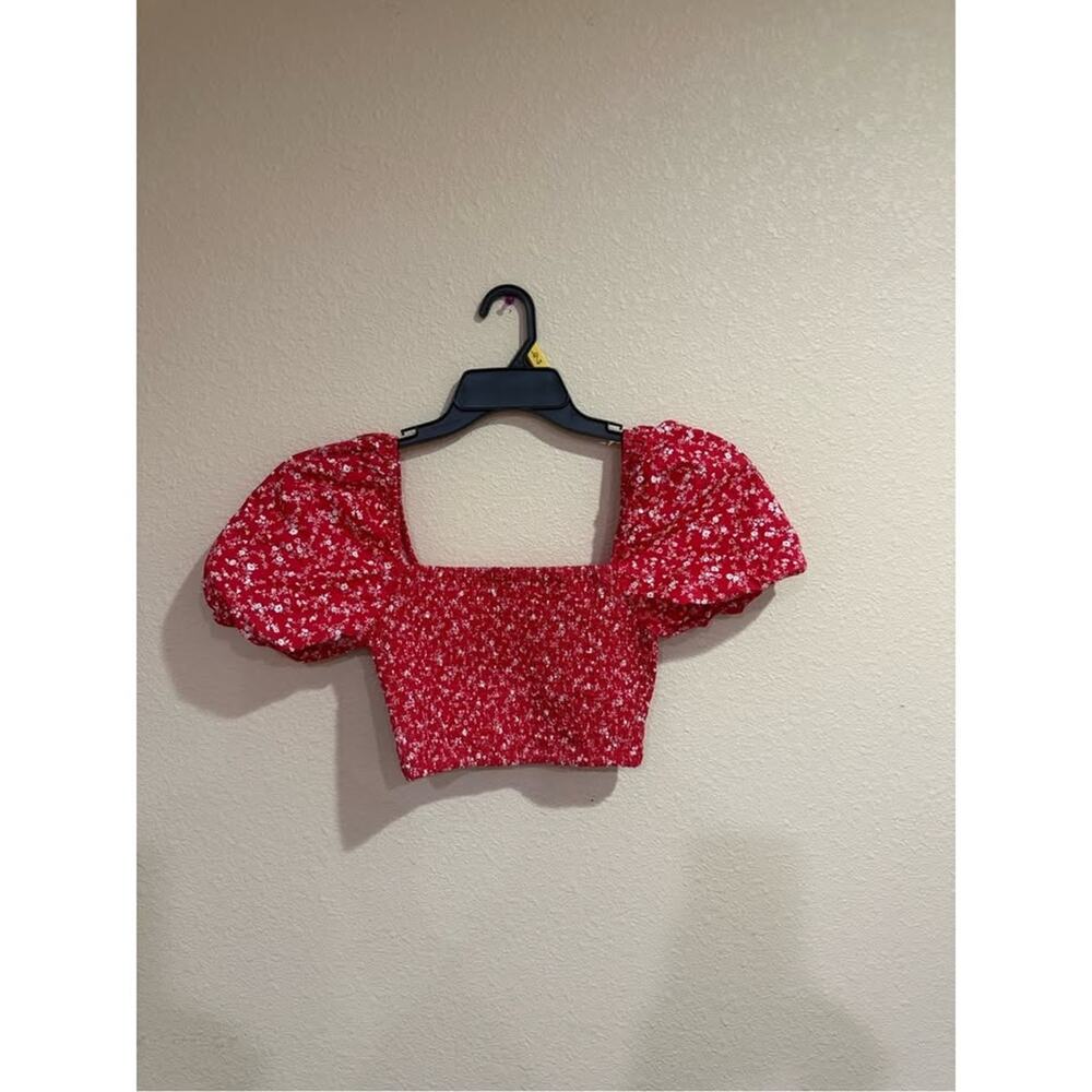 Altar'd State Red Floral Puff-Sleeve Crop Top-XS